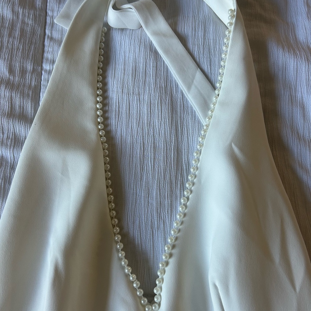 Elegant White Halter dress with Pearl Trim